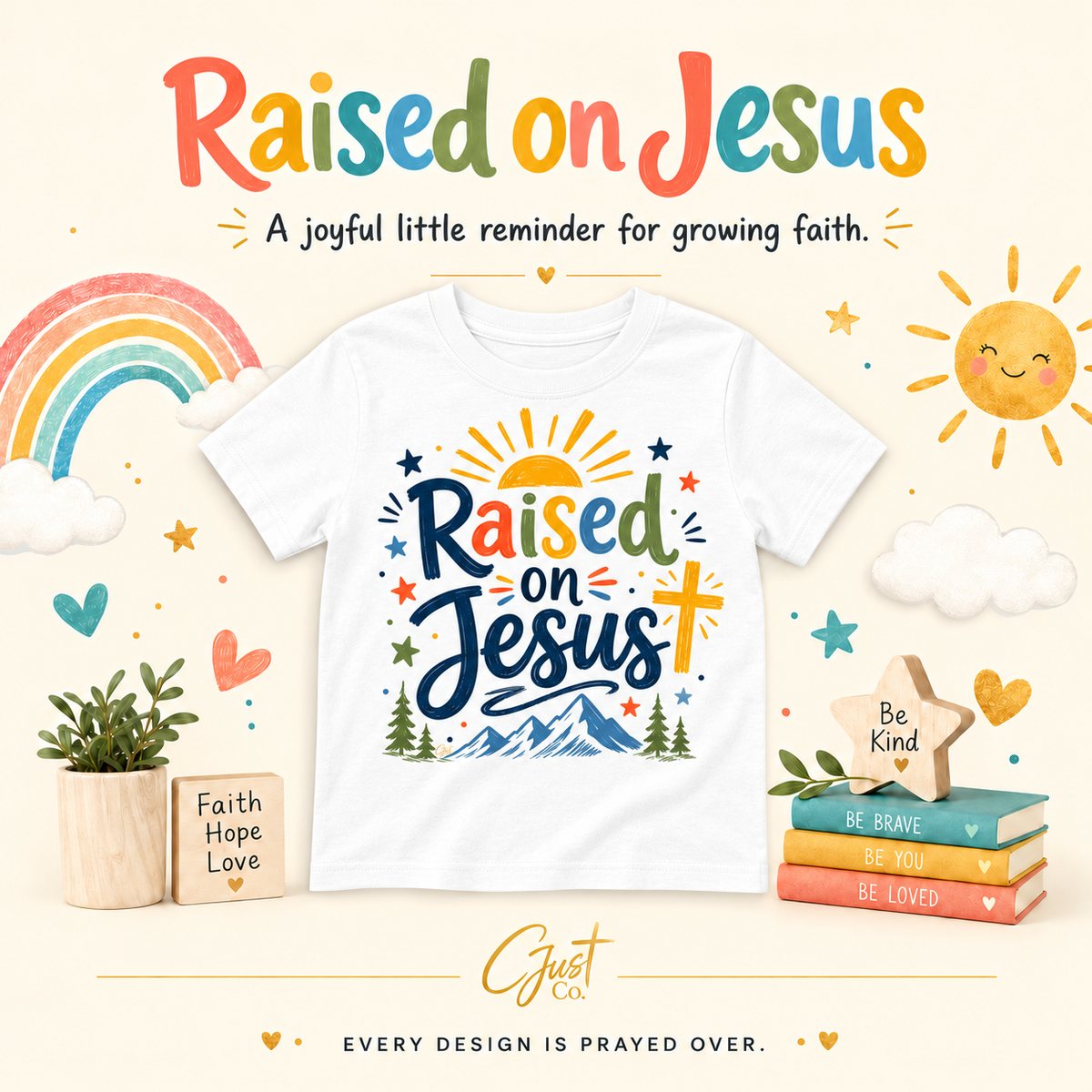 Raised on Jesus — Kids’ Port & Company Youth Fan Favorite Tee (Mountains)
