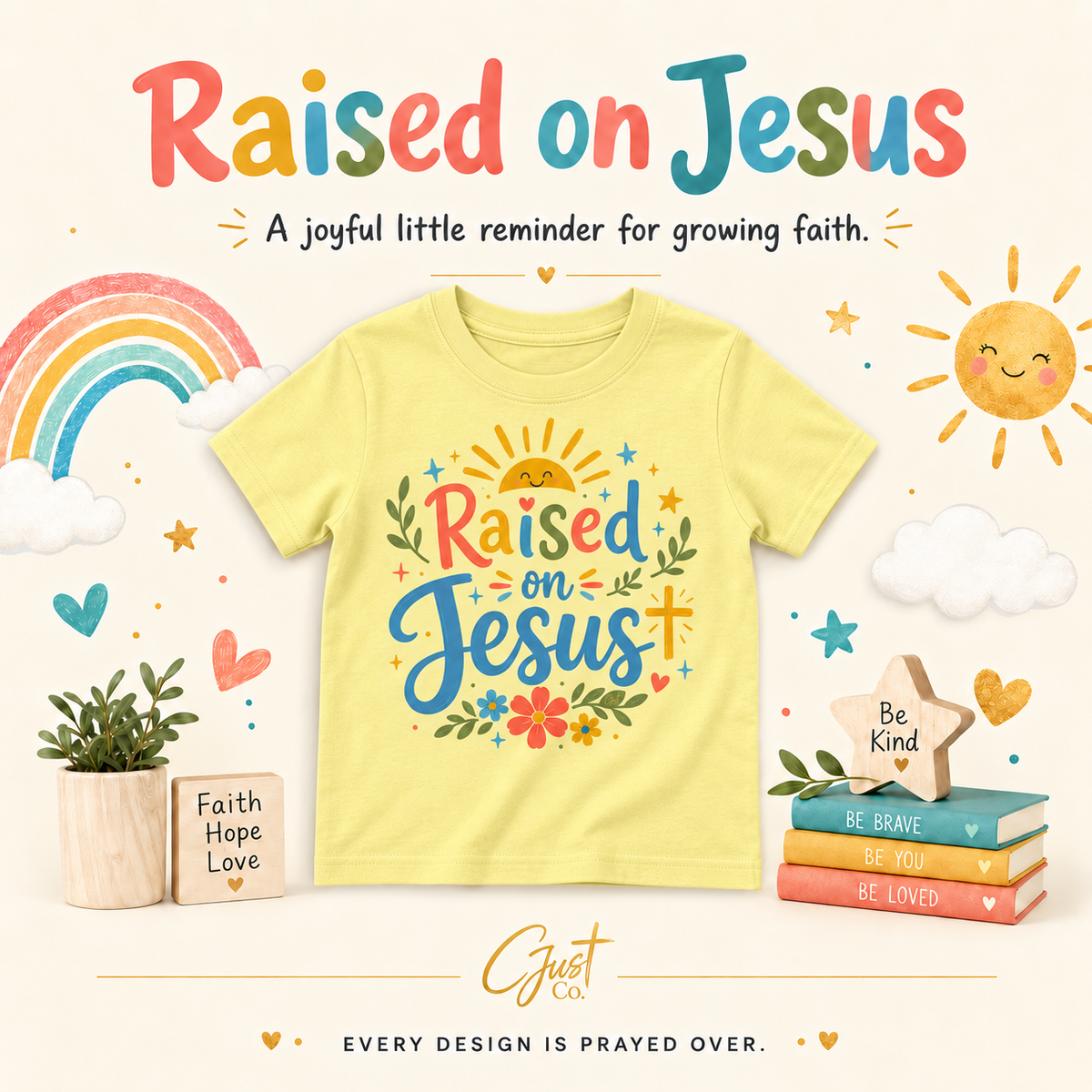 Raised on Jesus — Kids’ Port & Company Youth Fan Favorite Tee (Flowers)